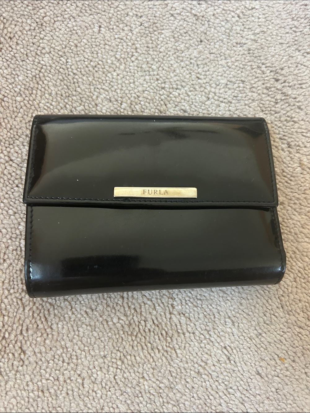 Furla Black Patent Leather Continental Wallet with Gold Logo